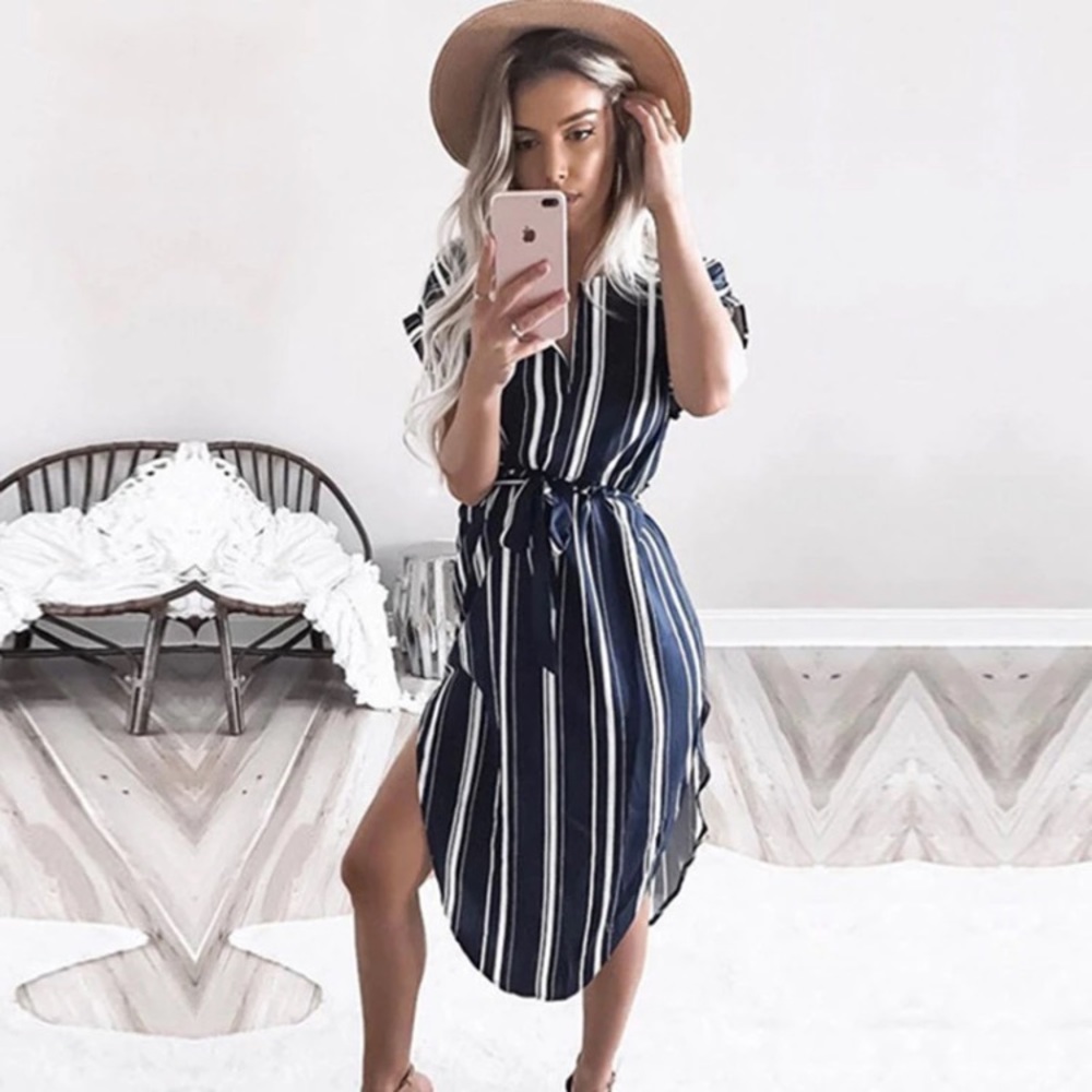 5 ⭐️ Fave!  Navy and white striped shirt dress - Picture 2 of 8